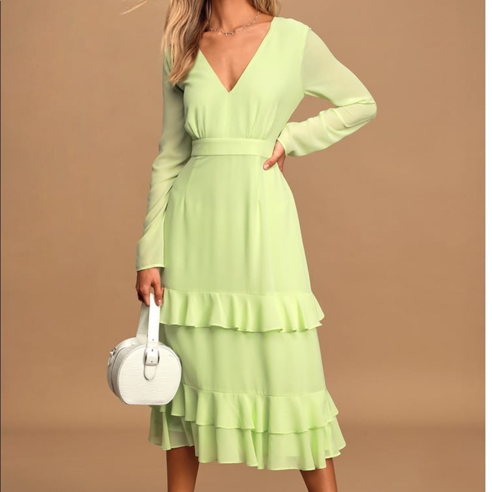 Lime Green Ruffled Long Sleeve Midi Dress